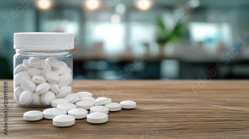 Transparent jar filled with white tablets on wooden table inside a pharmacy store interior photo