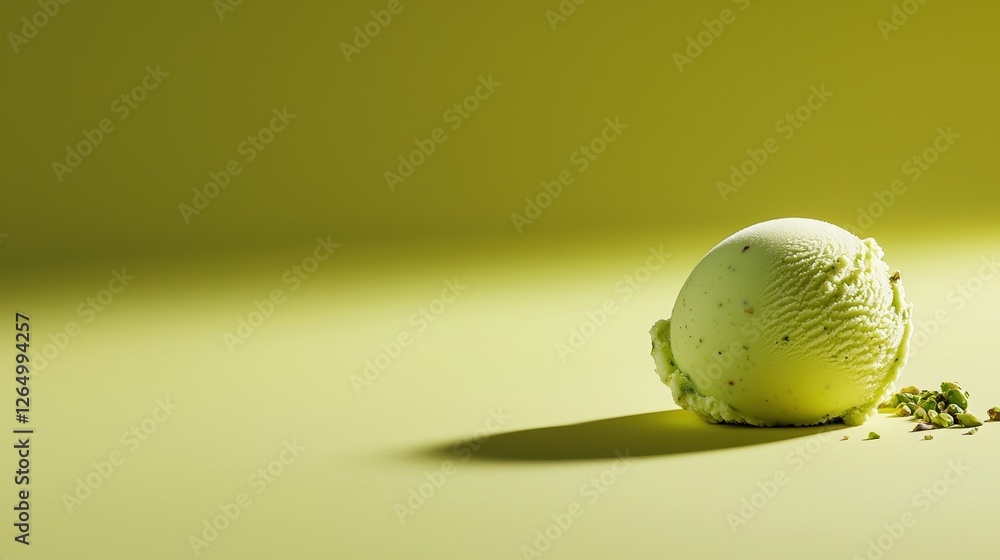 Close-up of a single scoop of ice cream on a light yellow background. the ice cream is a pale green color and appears to be freshly made. Close-up of a single scoop of ice cream on a light yellow background. the ice cream is a pale green color and appears to be freshly made.