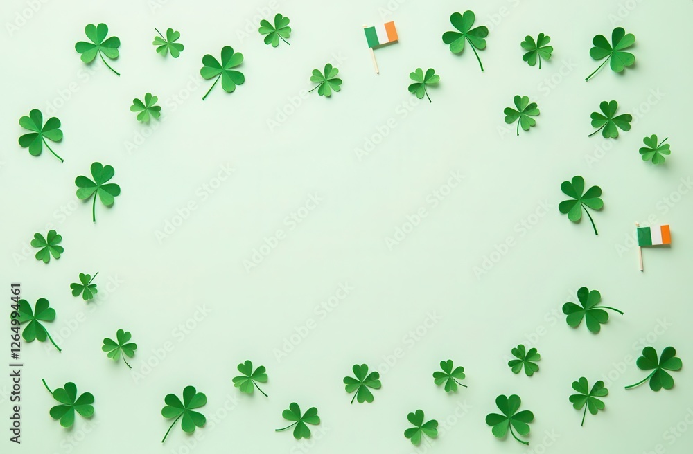 St Patrick's Day background with small Irish flags and clovers on light green background St Patrick's Day background with small Irish flags and clovers on light green background