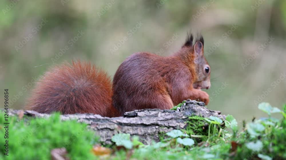 Eurasian red squirrel foraging on the forest floor in autumn Eurasian red squirrel foraging on the forest floor in autumn