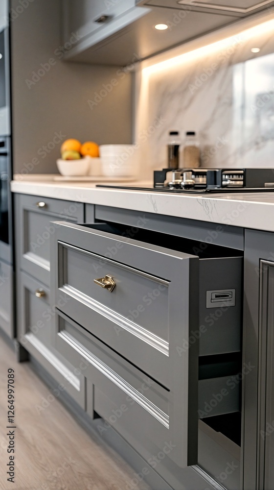 Fototapeta premium modern kitchen with grey cabinets and white countertops.