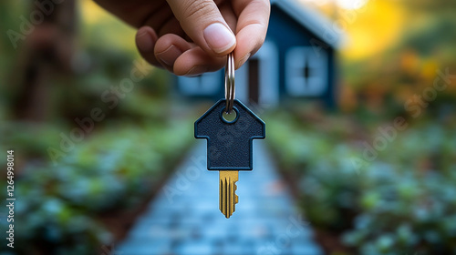  Realtor holding a house key. New beginnings, homeownership, and the dreams tied to acquiring a new home. Real estate concept.