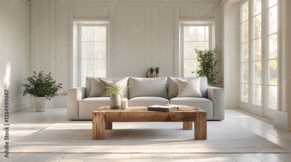 Fototapeta premium Contemporary Scandinavian living room with beige soft couch design accents and expansive windows that provide ample daylight and comfort minimalist Modern Interior Design Inspiration