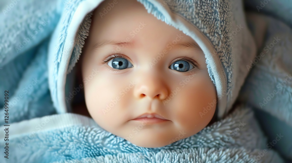 A baby with big blue eyes looks at the camera. A baby with big blue eyes looks at the camera.