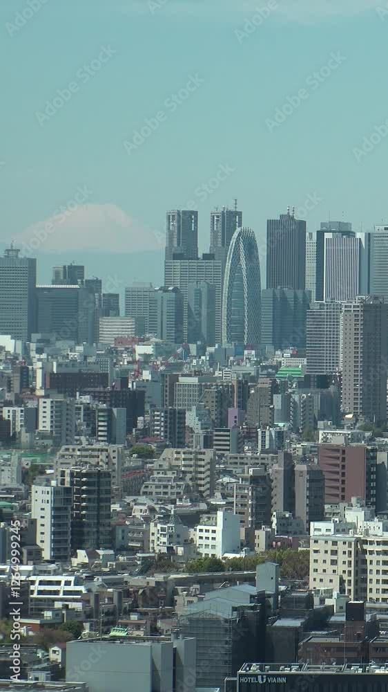 TOKYO, JAPAN - DEC 2019 : Aerial view of cityscape of Tokyo and Mount Fuji in sunny daytime. View of office buildings at Shinjuku city. Japanese urban city and nature concept vertical video. TOKYO, JAPAN - DEC 2019 : Aerial view of cityscape of Tokyo and Mount Fuji in sunny daytime. View of office buildings at Shinjuku city. Japanese urban city and nature concept vertical video.