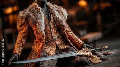 Wallpaper Mural An ornate costume complete with a majestic sword is showcased in a sophisticated environment, reflecting luxury and historical elegance through its intricate details. Torontodigital.ca