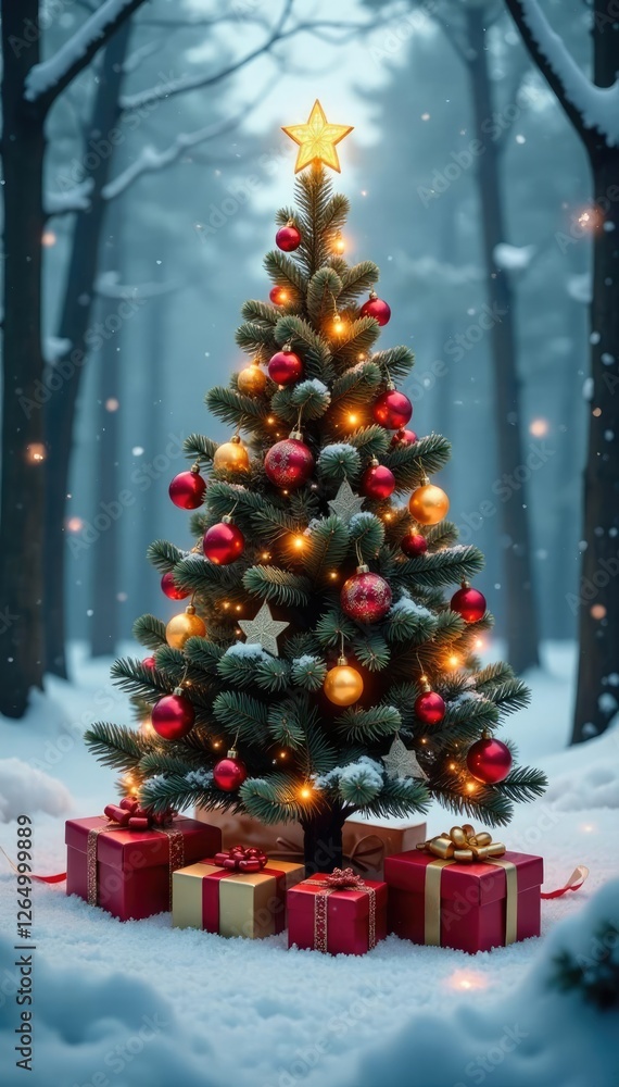 Small decorated Christmas tree with ornaments and ribbons in a snowy forest, snowflakes, presents, packages Small decorated Christmas tree with ornaments and ribbons in a snowy forest, snowflakes, presents, packages