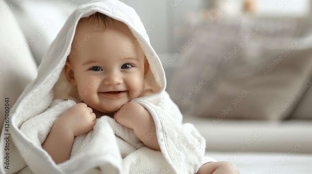A baby wrapped in a white towel smiles at the camera. A baby wrapped in a white towel smiles at the camera.