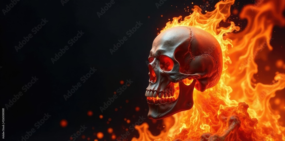 Skulls and flames in a fiery explosion on a black background, skull explosion, skulls pyre Skulls and flames in a fiery explosion on a black background, skull explosion, skulls pyre