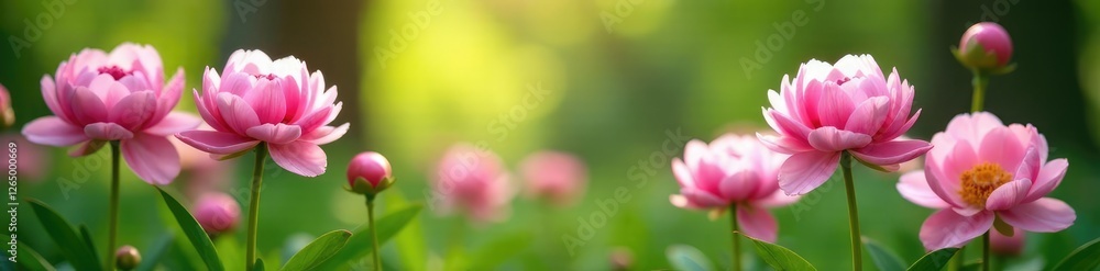 peonies blooming with lush greenery in the background, colorful, early spring, flowers
