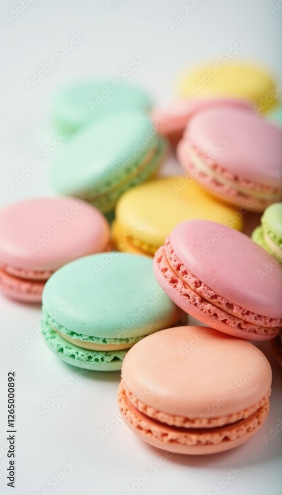 Fototapeta premium Pastel-colored macarons scattered on a white surface, desserts, culinary art