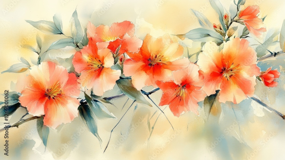 Fototapeta premium Gentle Watercolor Floral, Peach Wildflowers, Pale Yellow, Ivory Background, Soft Delicate Artwork