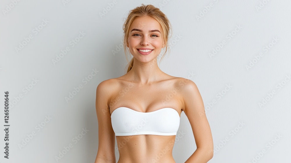 Fototapeta premium Happy woman, studio portrait, white background, healthy skin