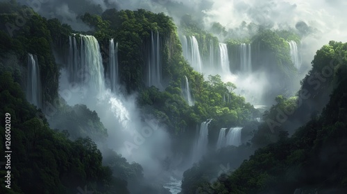 Iguazu Falls, where multiple cascades plunge into lush rainforest, creating a misty spectacle.