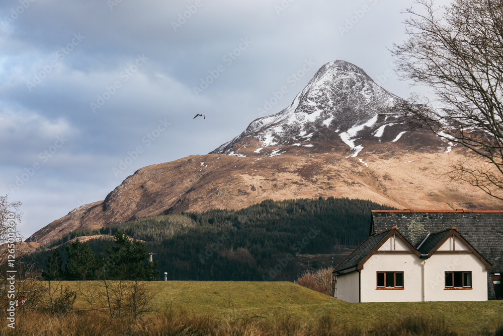 Majestic mountain backdrop with snow and cozy house in picturesque Scottish landscape