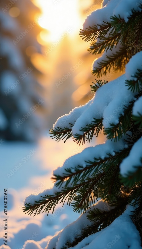 Morning sunlight casts a warm glow on snow-covered pine, morning, light Morning sunlight casts a warm glow on snow-covered pine, morning, light