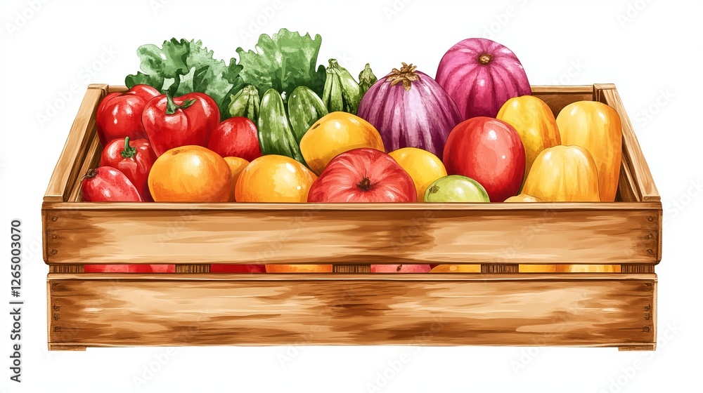 A clipart illustration of wooden crates designed for holding fruits and vegetables, perfect for digital or print use A clipart illustration of wooden crates designed for holding fruits and vegetables, perfect for digital or print use