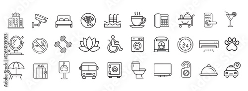 Hotel and hostel service and hospitality icons set on white background flat vector.