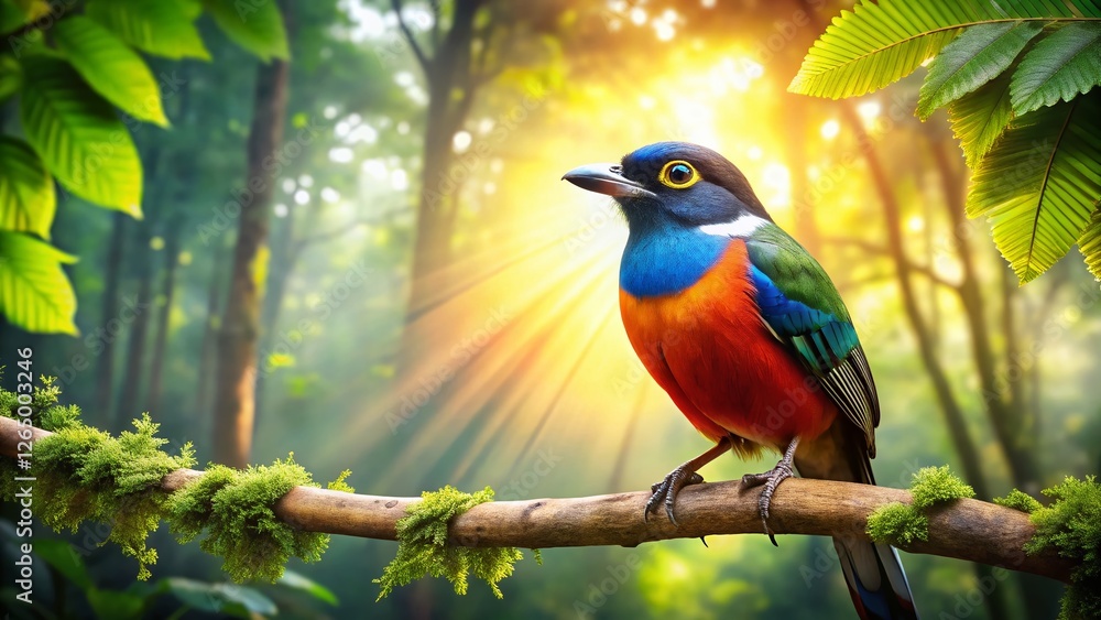 Majestic Bird Perched on Forest Branch, Ample Breast, Copy Space Left Majestic Bird Perched on Forest Branch, Ample Breast, Copy Space Left