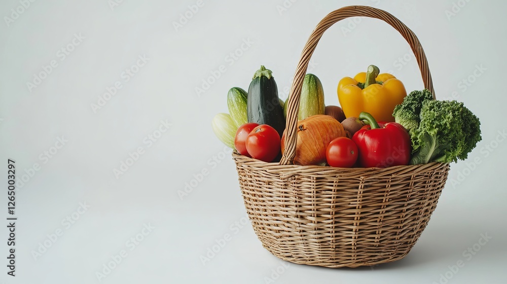 A close-up shot of a wicker basket filled with fresh organic vegetables and fruits, isolated on a white background. The image offers ample copy space, making it ideal for health food concepts A close-up shot of a wicker basket filled with fresh organic vegetables and fruits, isolated on a white background. The image offers ample copy space, making it ideal for health food concepts