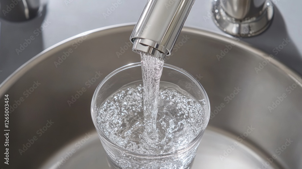Overhead View of a Contemporary Faucet Pouring Fresh Water into a Clear Glass Overhead View of a Contemporary Faucet Pouring Fresh Water into a Clear Glass