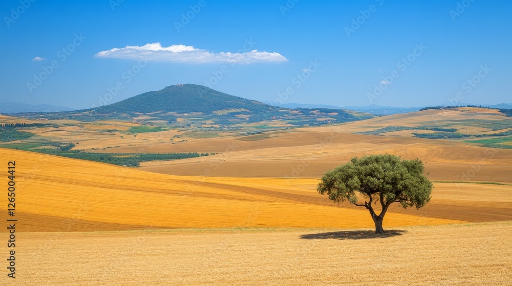 Fototapeta premium Serene Landscape with Isolated Tree Against Golden Rolling Hills