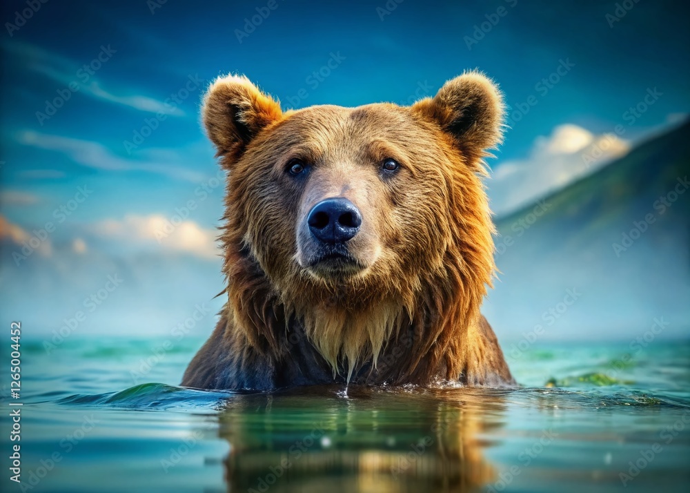 Naklejka premium Majestic Brown Bear Cooling Off in a Crystal Clear River - Wildlife Photography