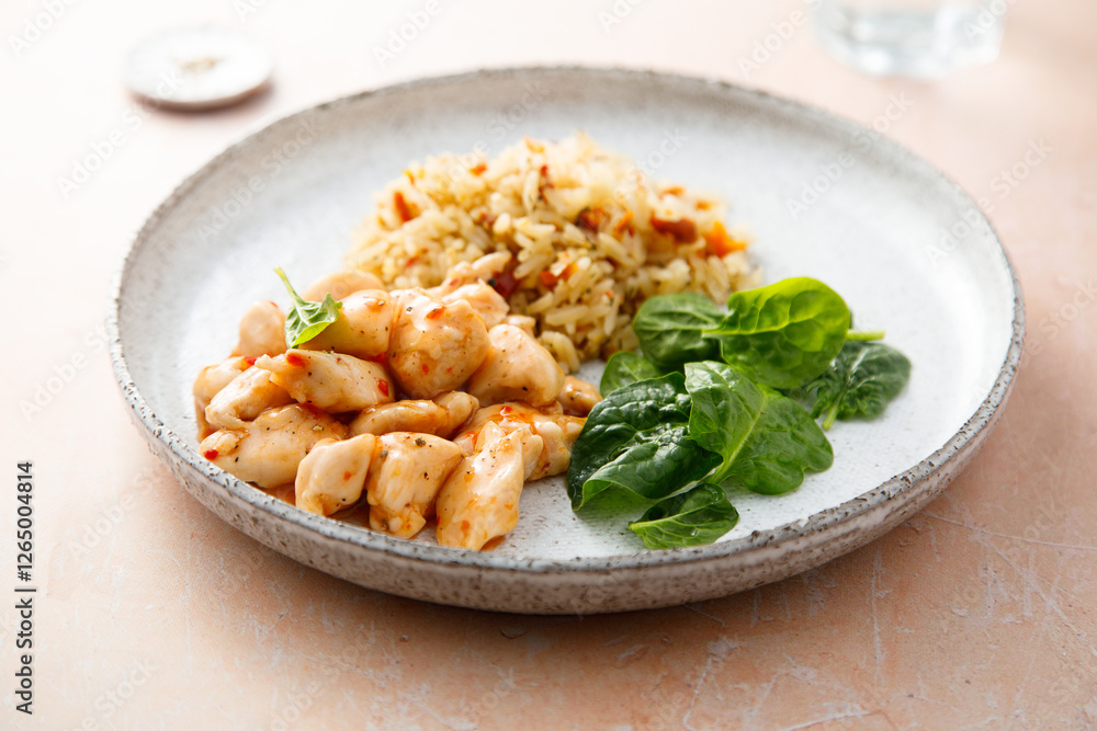 Fried rice with chicken and spinach Fried rice with chicken and spinach