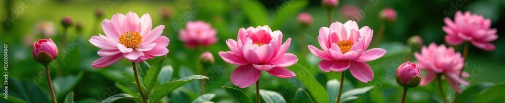 Freshly bloomed peonies in a lush green garden, peonies, blossoms Freshly bloomed peonies in a lush green garden, peonies, blossoms