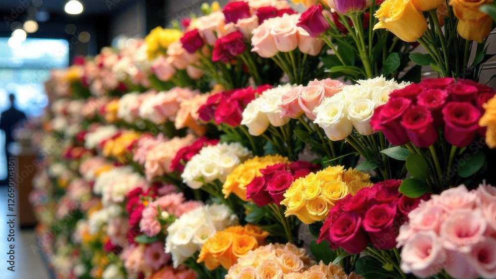 In the window of a flower shop, beautiful bouquets of flowers stand in vases. The concept of a women's holiday. In the window of a flower shop, beautiful bouquets of flowers stand in vases. The concept of a women's holiday.