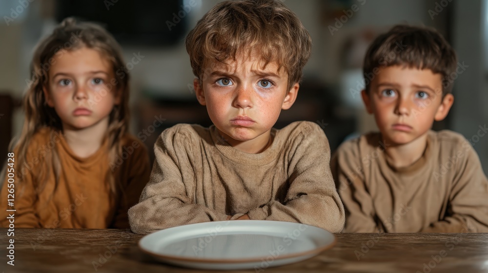 Three children sit solemnly at a table gazing at an empty plate, conveying feelings of hunger, deprivation, and the poignant experience of struggle reflected in their expressions. Three children sit solemnly at a table gazing at an empty plate, conveying feelings of hunger, deprivation, and the poignant experience of struggle reflected in their expressions.