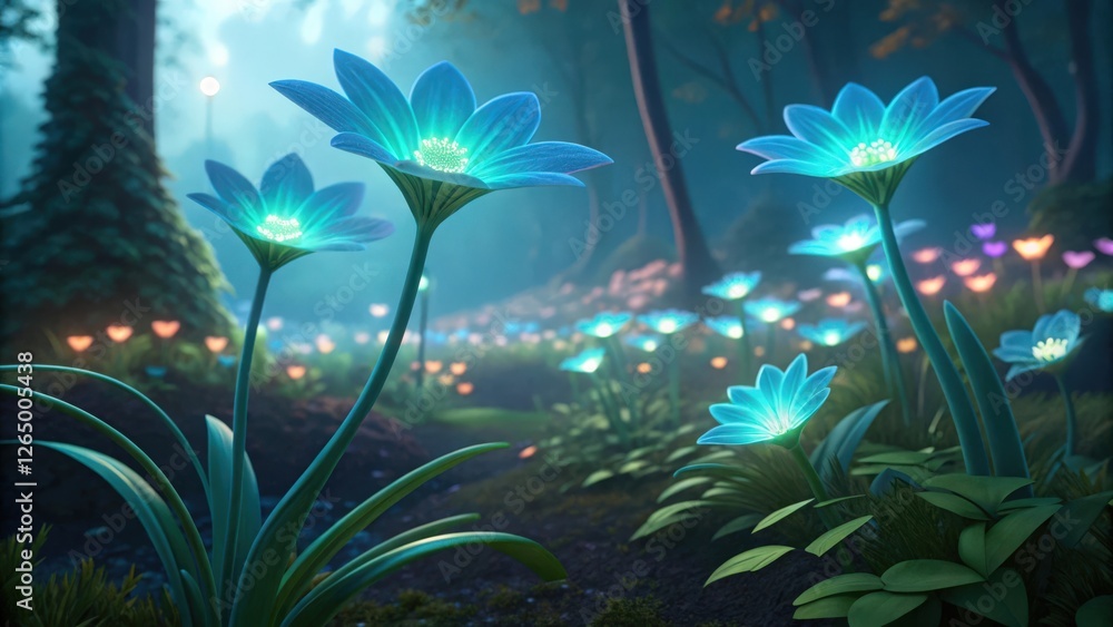 Enchanted Forest with Glowing Blue Flowers Enchanted Forest with Glowing Blue Flowers