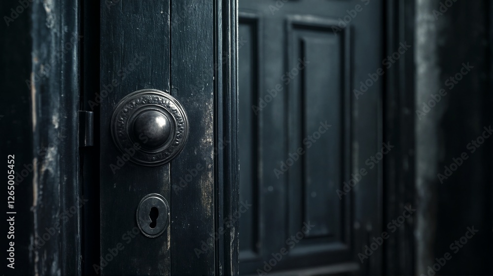 Obraz premium A close-up view of an antique door with a keyhole and doorknob, featuring peeling paint and weathered wood.