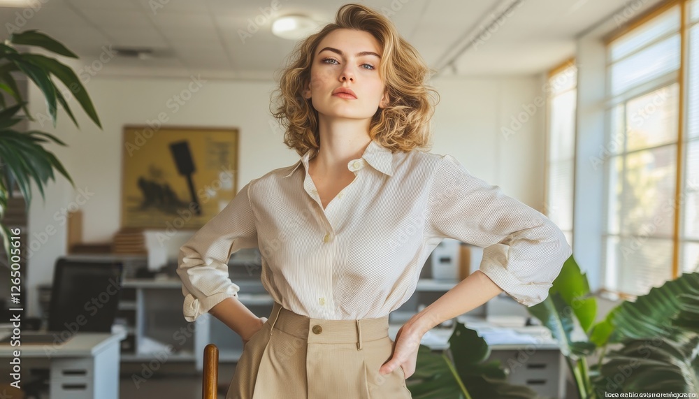 Confident Young Businesswoman in a Minimalist Office Setting, Natural Light, Professional Portrait