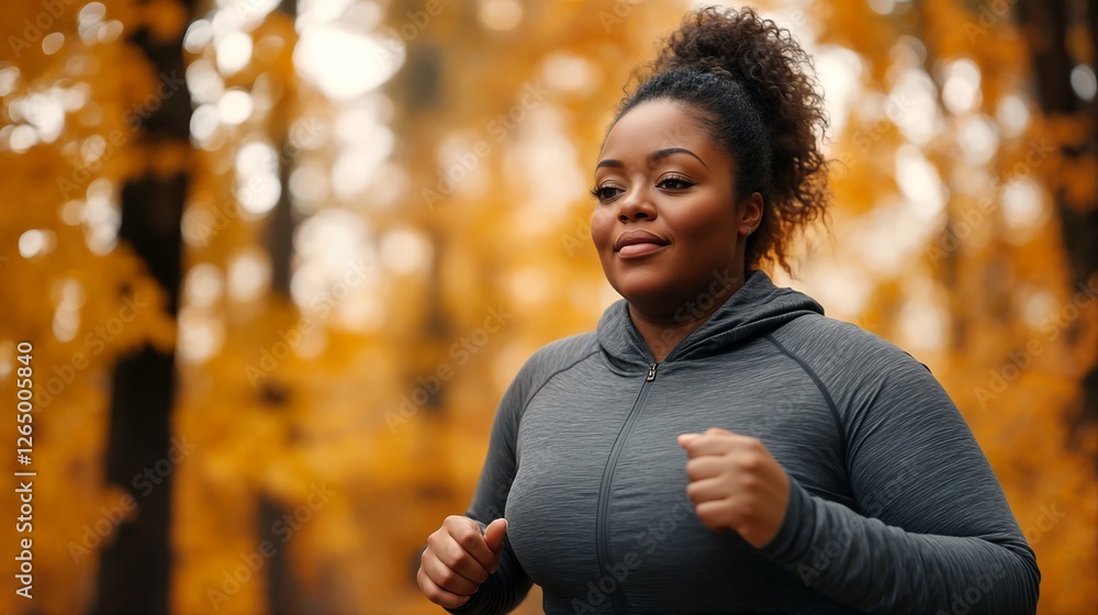 A black woman running outside during the fall season. A black woman running outside during the fall season.