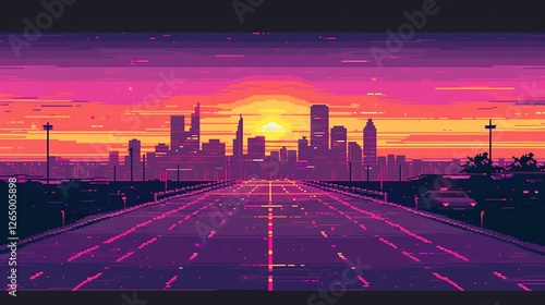 Pixel art illustration of a city skyline at sunset.