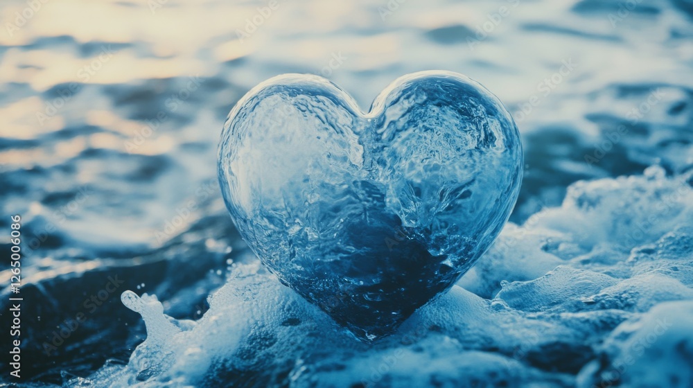 A heart-shaped ice sculpture sparkles as gentle ocean waves cradle it, merging themes of love and nature's beauty. A heart-shaped ice sculpture sparkles as gentle ocean waves cradle it, merging themes of love and nature's beauty.