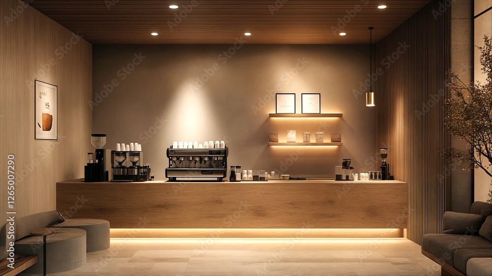 custom made wallpaper toronto digitalA modern coffee shop with warm lighting and minimalist decor.