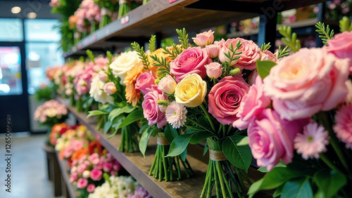 In the window of a flower shop, beautiful bouquets of flowers stand in vases. The concept of a women's holiday.