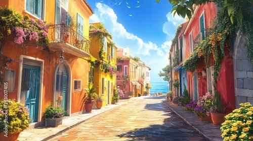 Fototapeta Naklejka Na Ścianę i Meble -  charming, colorful street in a Mediterranean coastal town.