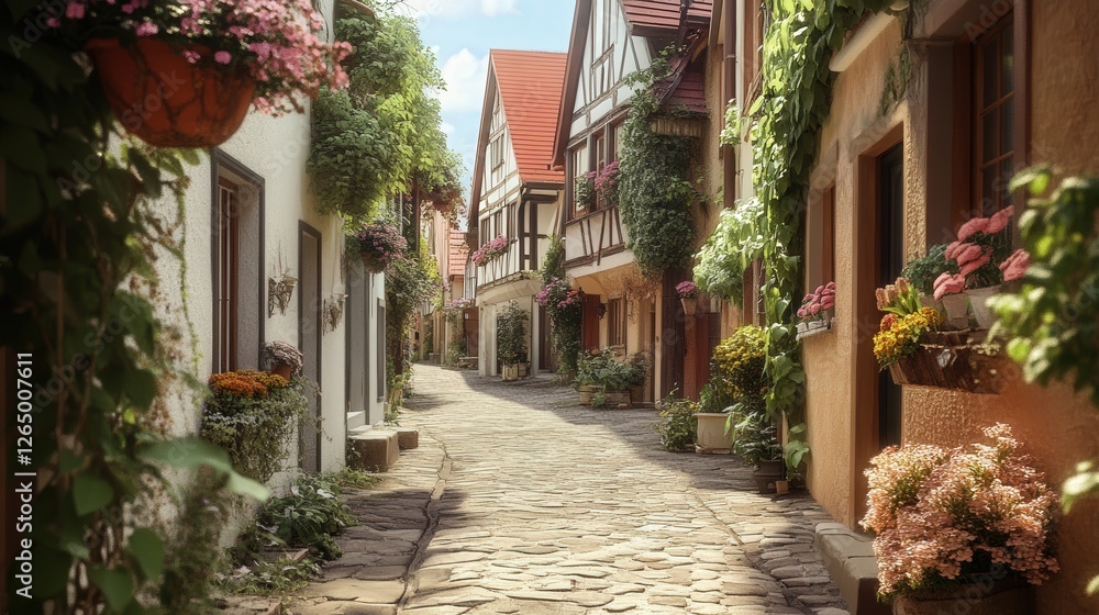 charming European street with cobblestone paths and blooming flower baskets. charming European street with cobblestone paths and blooming flower baskets.
