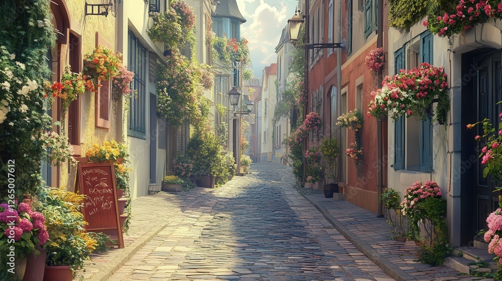 Fototapeta premium charming European street with cobblestone paths and blooming flower baskets.
