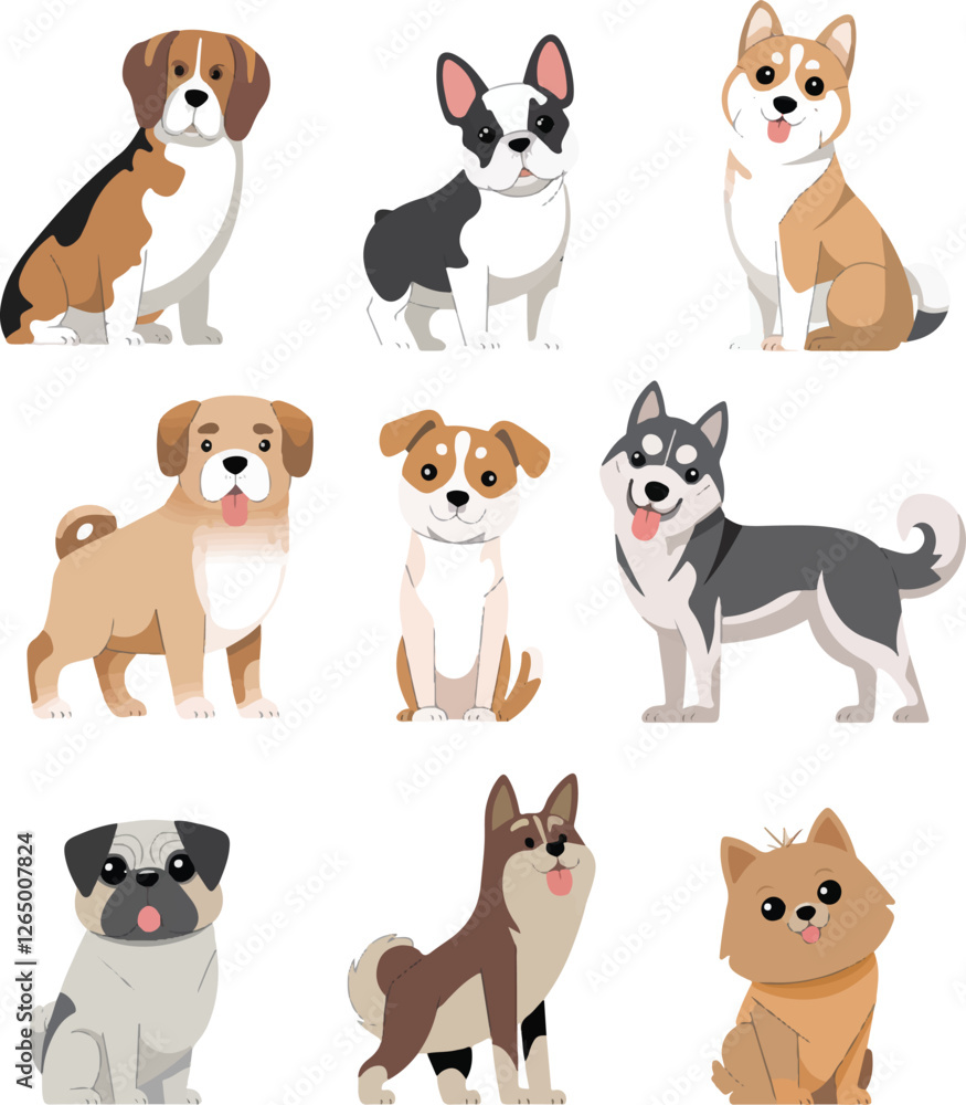 Adorable cartoon illustrations of diverse dog breeds, perfect for pet-related products, children's books, or educational materials. Adorable cartoon illustrations of diverse dog breeds, perfect for pet-related products, children's books, or educational materials.