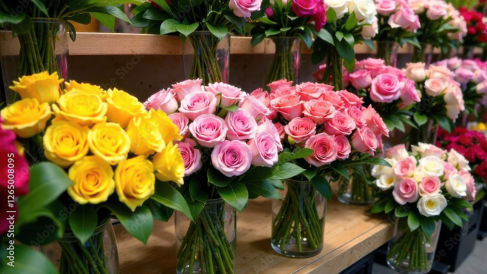 In the window of a flower shop, beautiful bouquets of flowers stand in vases. The concept of a women's holiday. In the window of a flower shop, beautiful bouquets of flowers stand in vases. The concept of a women's holiday.