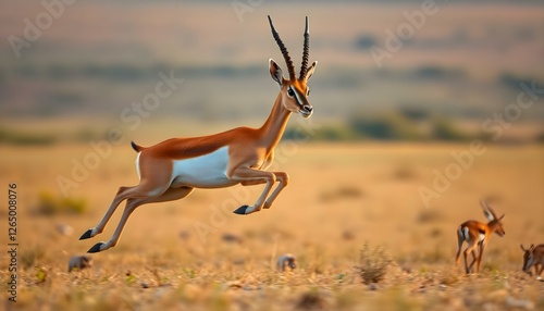 an antelope running in a field with other antelope in the background