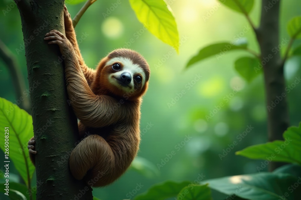 Naklejka premium A sloth hangs from a tree branch in a lush rainforest environment, sloths, herbivore