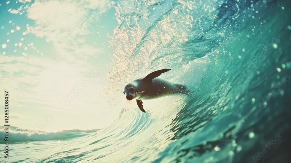 Obraz premium A dolphin joyfully rides the crest of a pristine wave under a sunlit sky, capturing the freedom and exhilaration of the open ocean.