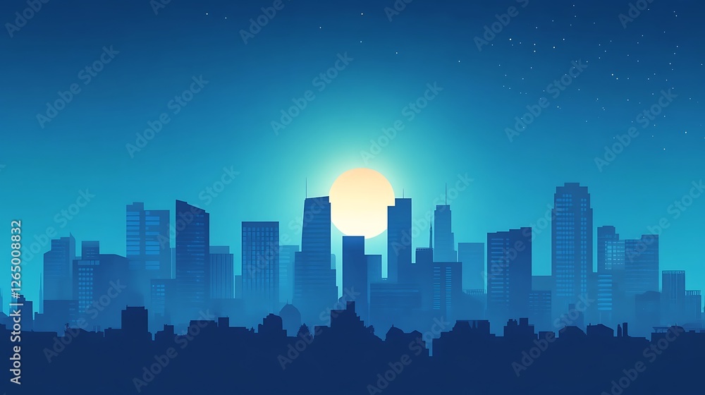 Cityscape Silhouette at Night with a Bright Moon Cityscape Silhouette at Night with a Bright Moon