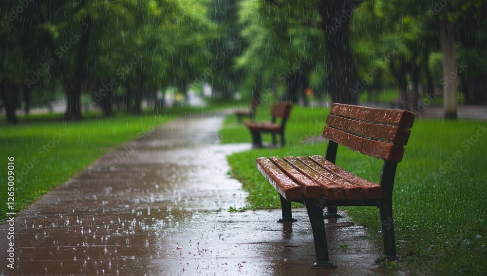 Rainy Day Serenity: A park bench under the summer rain Rainy Day Serenity: A park bench under the summer rain