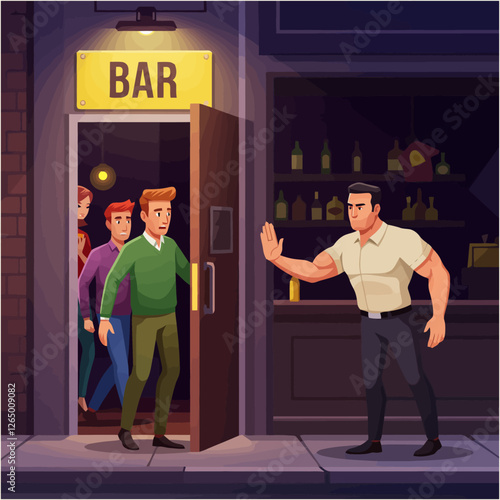 Bouncer Rejecting People at Bar Entrance Illustration with Nightlife Scene